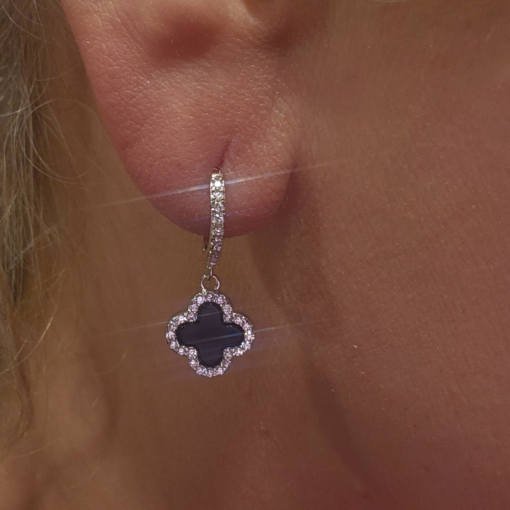 Vintage Brand Design Luck Black color Earrings Clover Charms.925 Sterling Silver - Picture 4 of 8